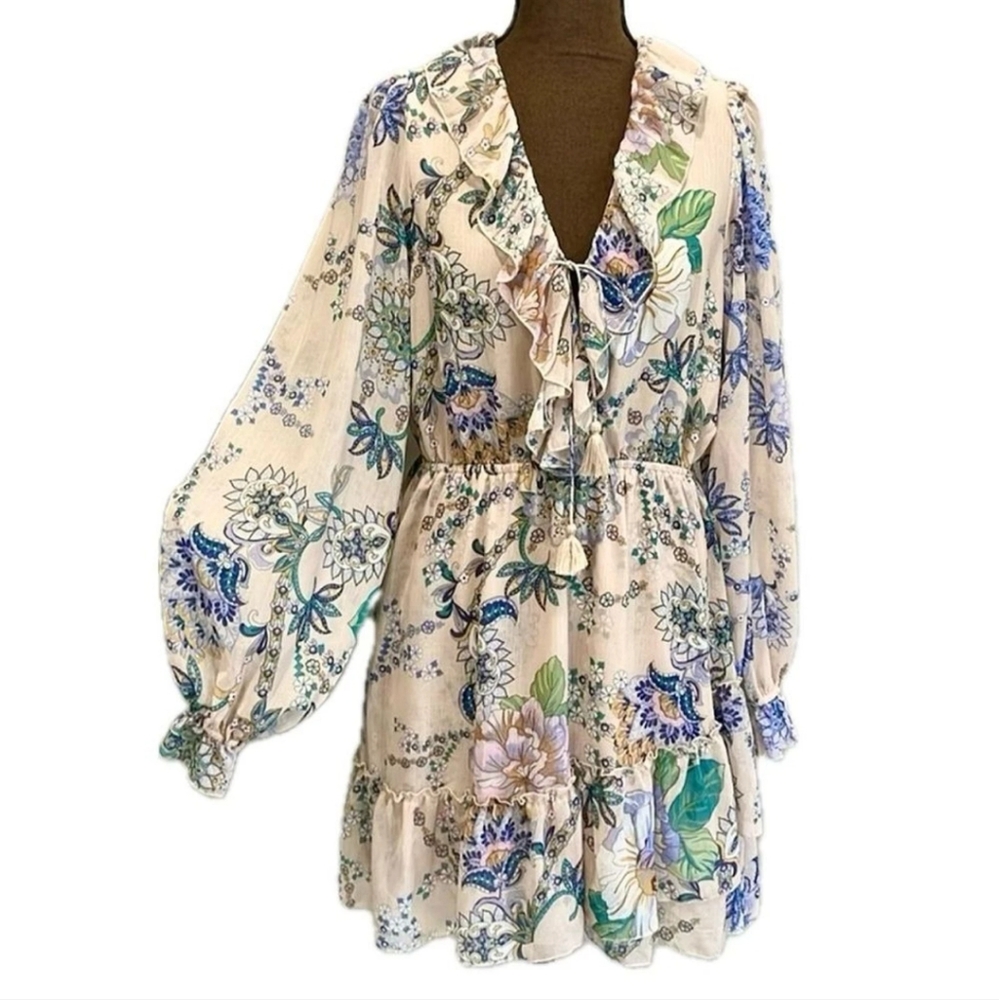 Floral Print Boho Ruffle Peasant style Prairie Dress Size S Cottagecore